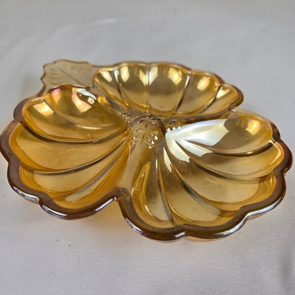 Vtg 1930's Carnival Glass 3 Leaf Clover Shaped Divided Dish Iridescent Marigold - Picture 4 of 9
